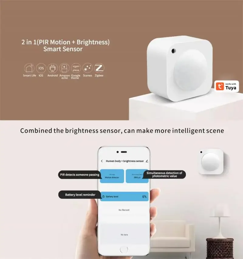 Tuya 2 In 1 Zigbee PIR Motion Sensor Brightness Wireless Infrared Detector Smart Life Control Security Production Home Automatio