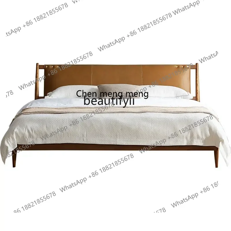 cn8350 LHY zqNordic Light Luxury Leather Bed Modern Minimalist First Layer Cowhide Retro Master Bedroom Double Bed Solid Wood Be