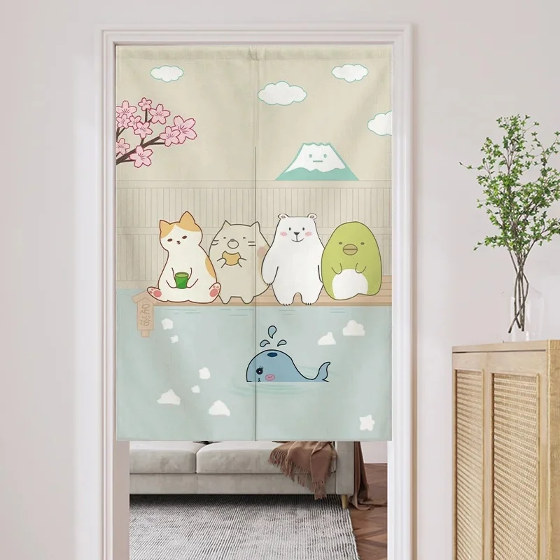 VIKAMA Japanese Style Noren Door Curtain Cute Cat Bear Whale Sakura Mount Fuji Print Fabric Home Partition Decor