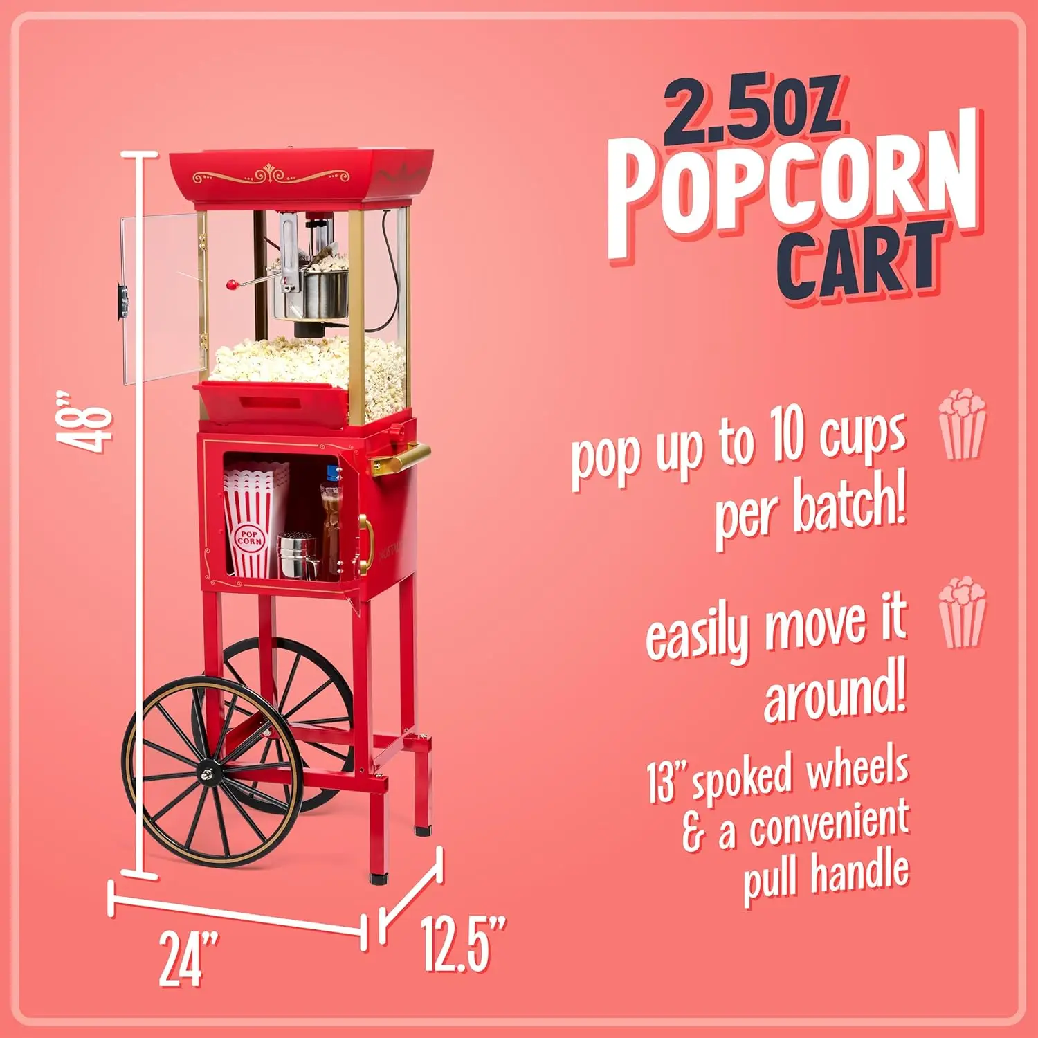 Popcorn Maker Machine - Professional Cart With 2.5 Oz Kettle Makes Up to 10 Cups - Vintage Popcorn Machine Movie Theater Style -