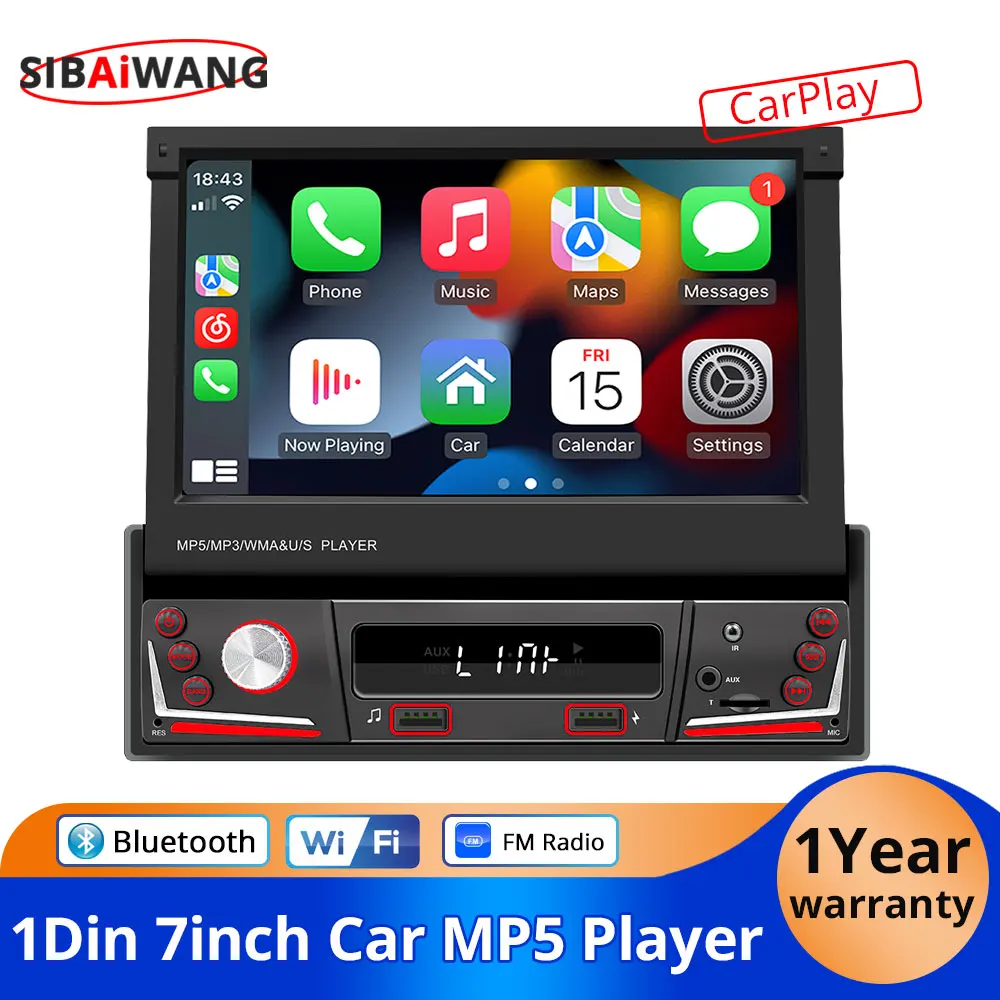 Radio para coche, reproductor de Radio con pantalla HD retráctil eléctrica de 7 pulgadas para coche, reproductor Multimedia MP5 de 1Din, Carplay inalámbrico, Android Auto