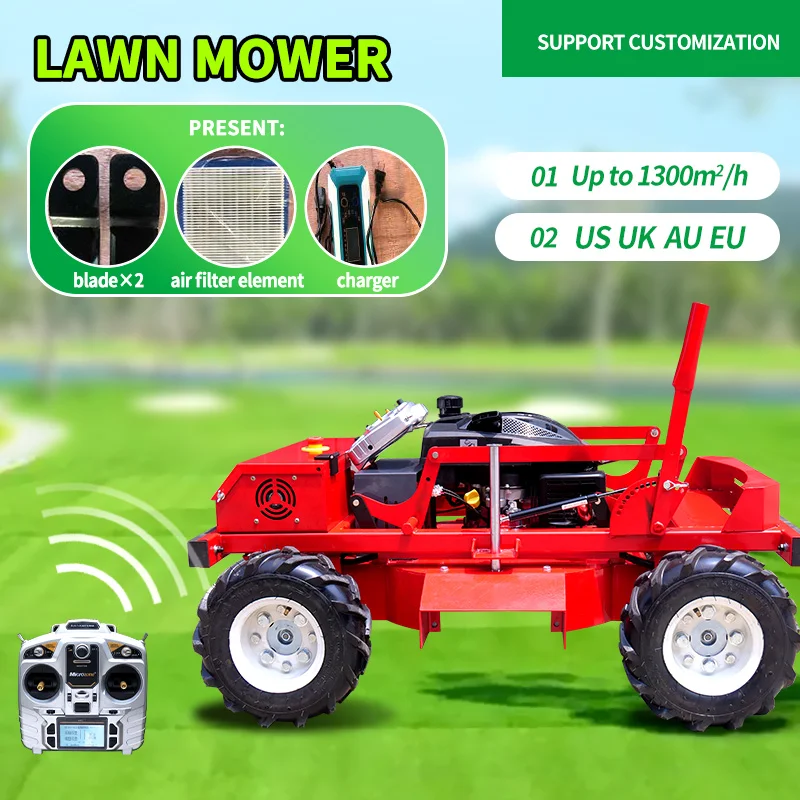 Customized CE EPA wheeled RC lawn mower robot 4WD 225CC remote control lawn mower for farmer