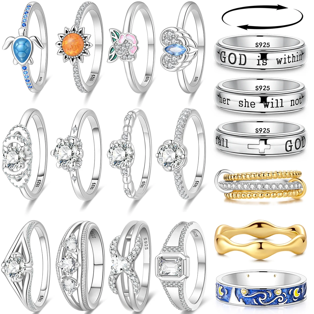 

Original 925 Sterling Silver Silver Sea Turtle Sunflower Rings Star Lotus Zirconia Ring Anniversary Delicate Fine Gift Accessory