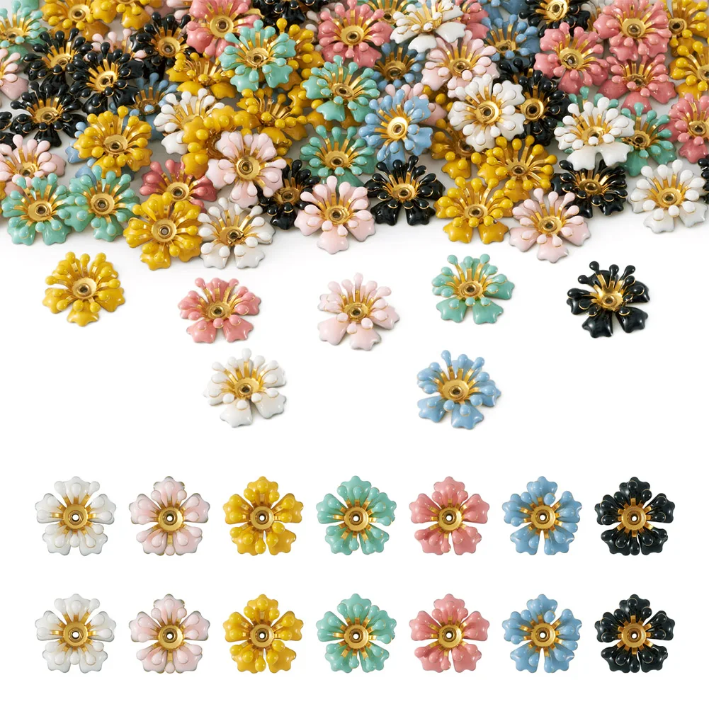 50/100pcs Brass Flower Bead Caps End Caps Charms Pendant with Enamel Mixed Color and Rhinestone for Jewelry Making DIY Findings