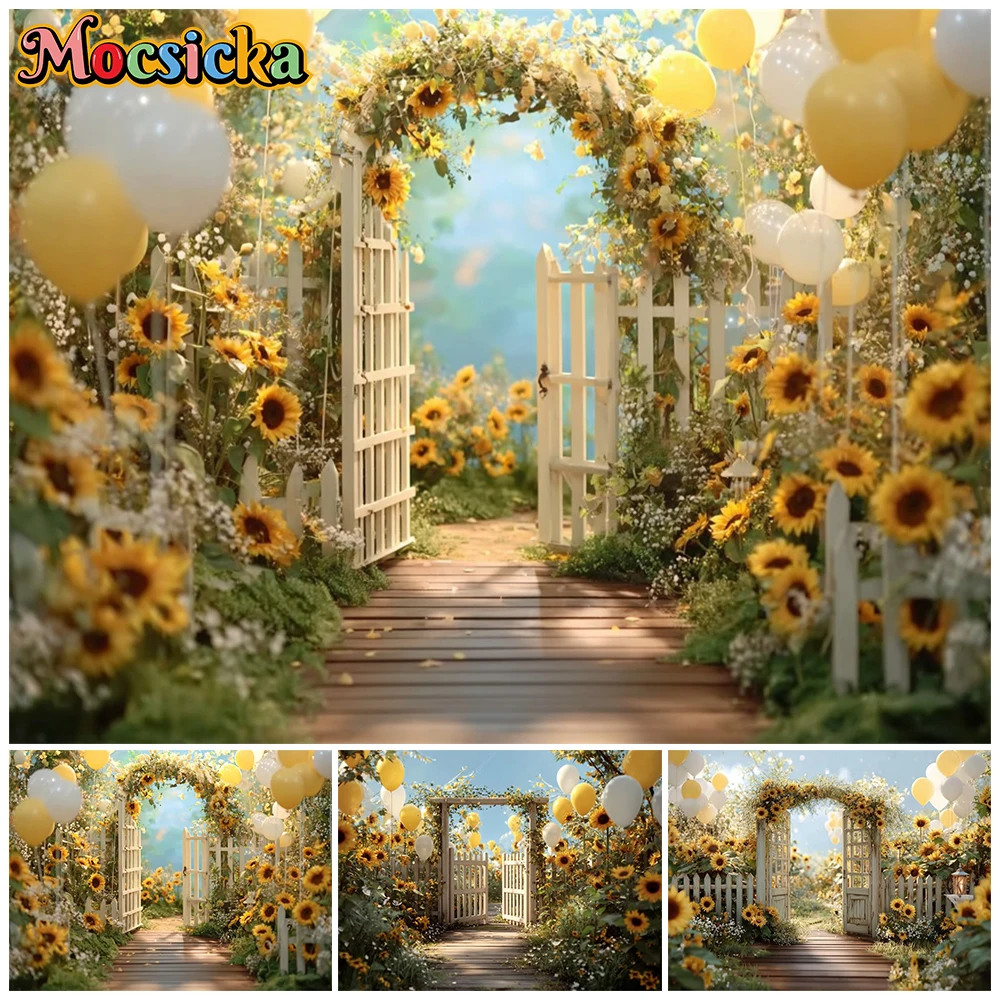 Mocsicka Sunflower Garden Photography Backdrop Fence Gate Yellow Balloons Background Summer Wedding Birthday Photoshoot Tapestry
