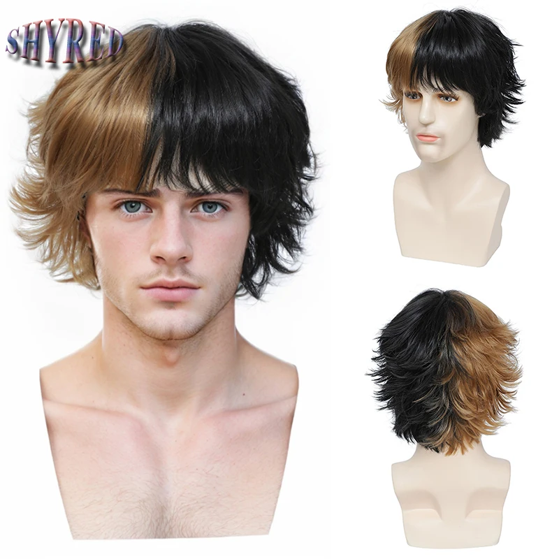 

Men Short Wig Black Brown Splits Synthetic Wig with Bangs For Boy Costume Anime Cosplay Wig Realistic Curly Hair