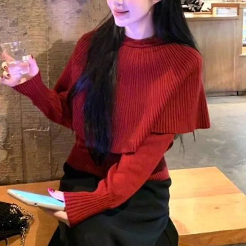 Women's 2026 Autumn Winter New French Red Cape Faux Two Piece Pullover Knit Sweater Design Layering Top Cashmere Chic Trendy