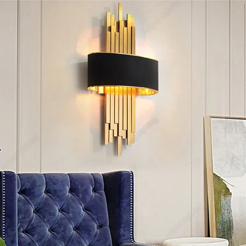 

Nordic Fabric Sconce Luxury Gold for Bedroom Living Room Dining Hall Stairs Bedside Led Fabric Wall Lights Interior Wall Lamps