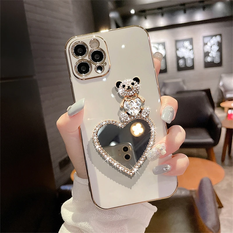 Cute Cartoon Love Heart Mirror Bear Plating Case For iPhone 15 14 11 12 13 Pro Max Mini X XS XR 7 8 Plus SE3 Soft Silicone Cover