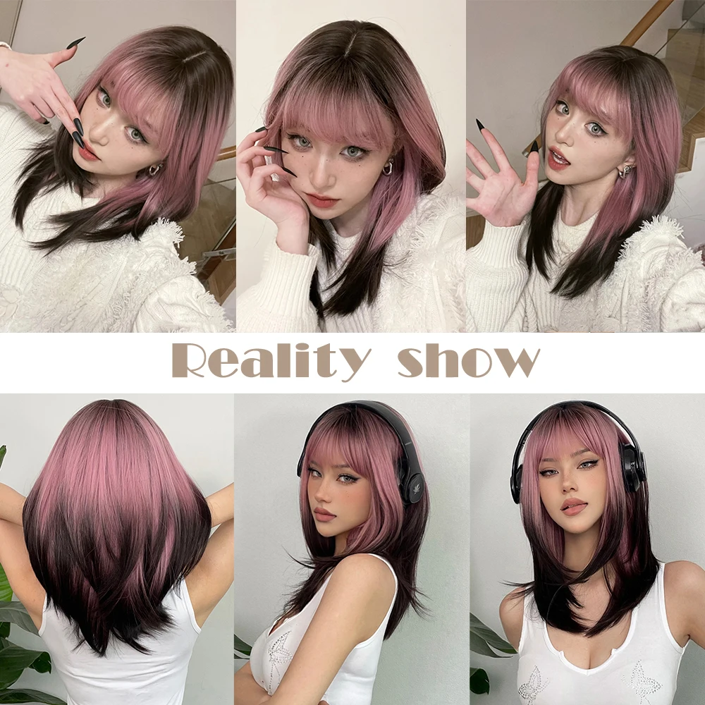 LOUIS FERRE Black Pink Ombre Synthetic Wigs Long Straight Layered Wigs with Bangs for Black Women Afro Heat Resistant Fake Hair