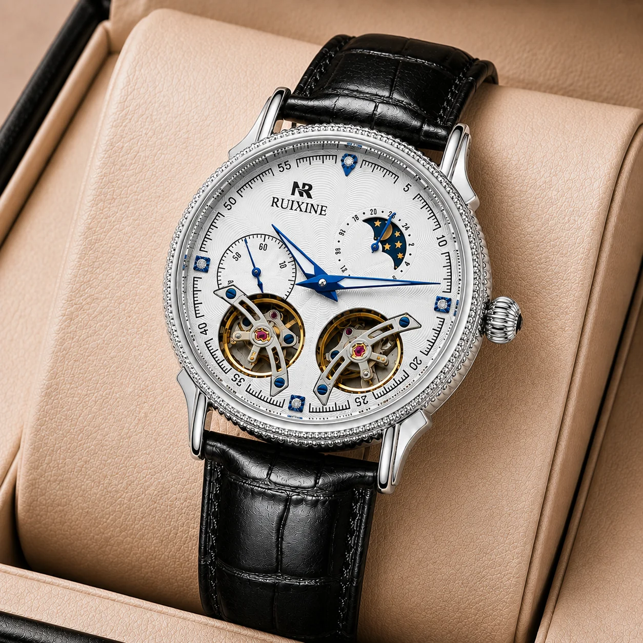 RUIXINE Men Mechanical Watch Dual Tourbillon Hollow Dial Moon Phase Wristwatch Diamond Inlay Brown Leather Strap Business Watch