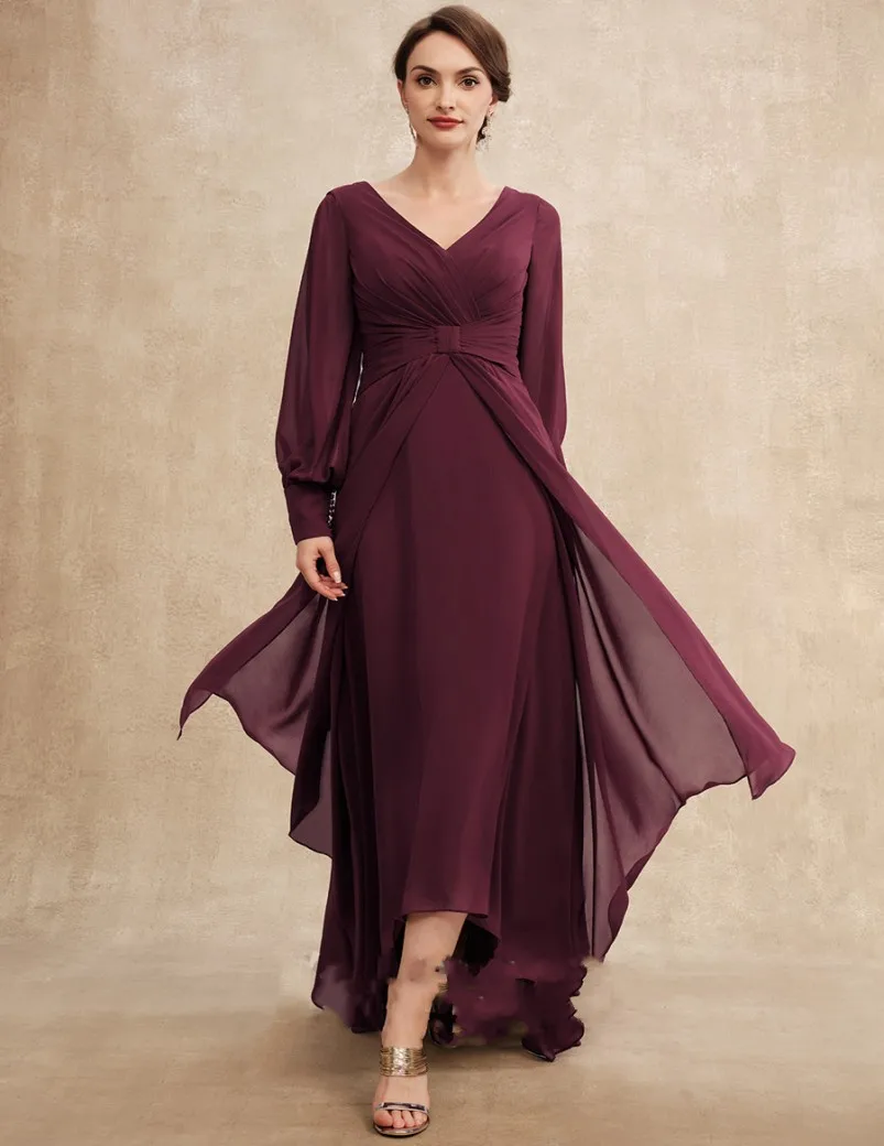 

Elegant Grape Mother of the Bride Dress Chiffon V-neck Asymmetrical Ankle Length Women Guest For Wedding Party Gowns