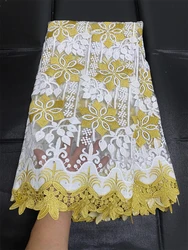 Ouro e Branco Francês Net Tecido Bordado Renda, Tule Floral Africano, Vestido de Noiva, Festa, 5 jardas