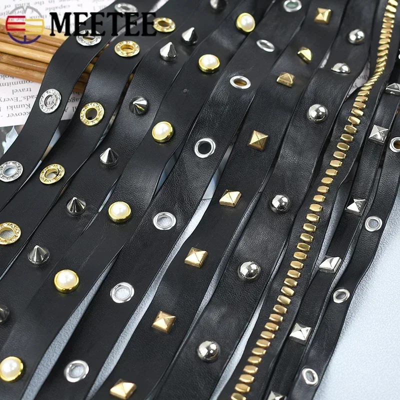 4/10M 1/2cm PU Leather Eyelets Band Ribbons Punk Rivets Rope Bags Strap Collar Decor Lace Tape DIY Clothing Material Accessories