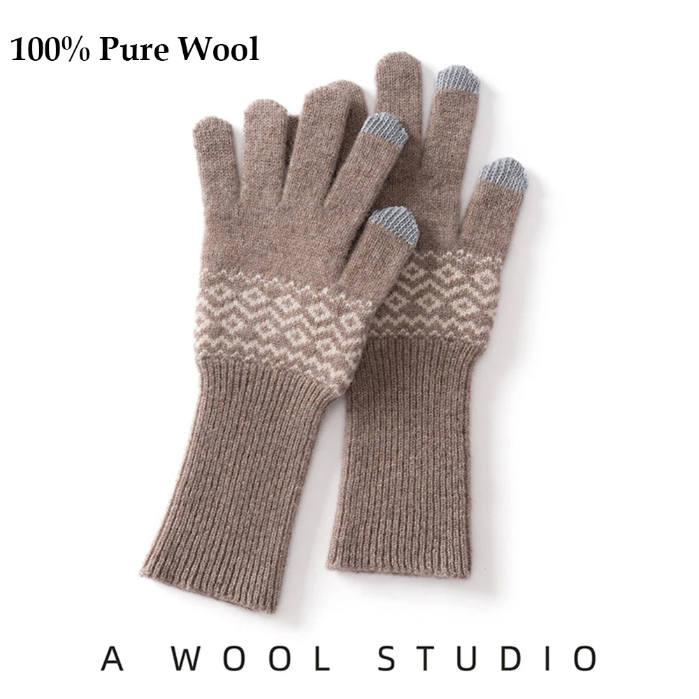 100% Wool Touchscreen Gloves Classic Pattern Men Women Luxury Windproof Warm Winter Gloves for Daily Commute Cycling Mittens