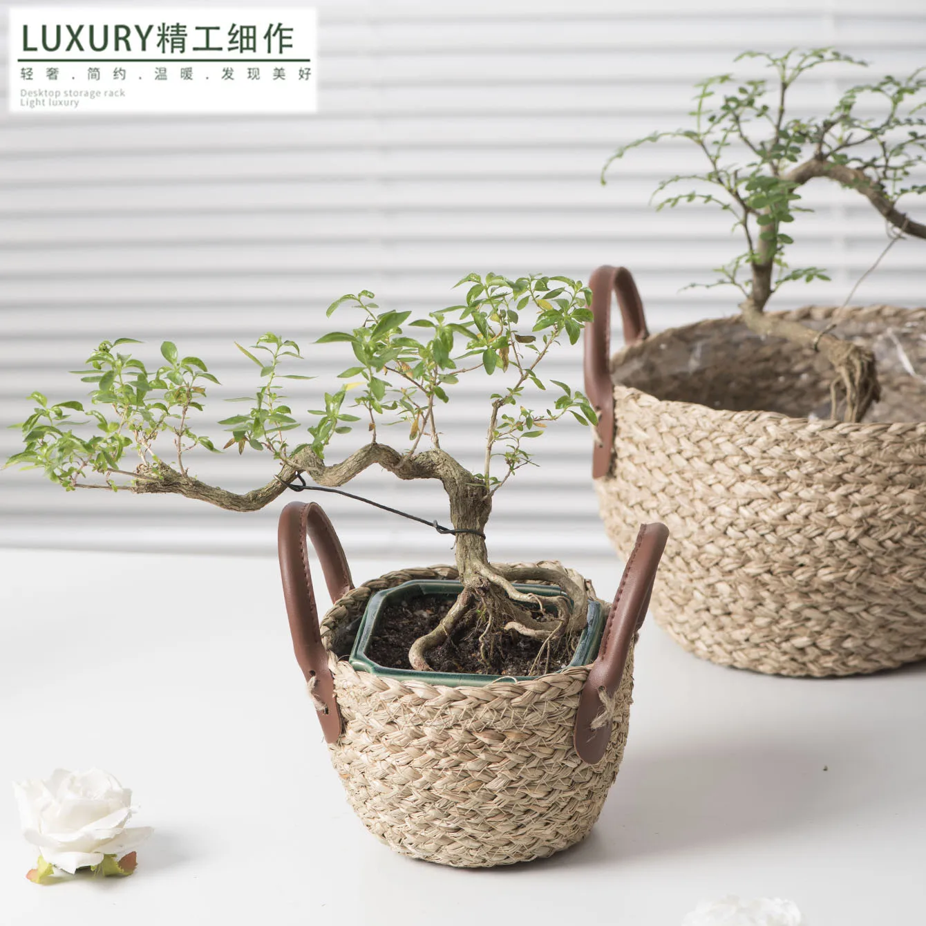 

Seagrass Rope Woven Flower Pot Living Room Floor Greenery Basket Handheld Creative Plant Carrier Portable Decorative Accent