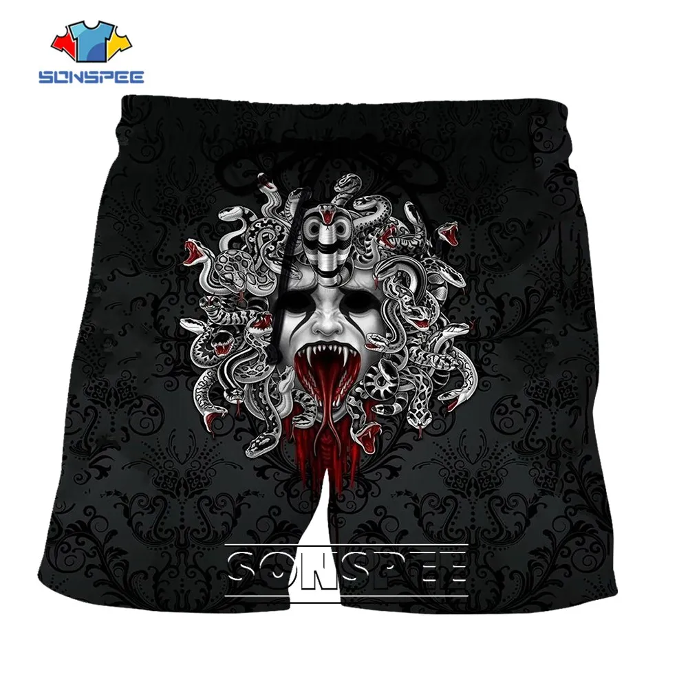 SONSPEE Black Horrible  Bloody Medusa 3D Print Shorts Summer Vintage Snake Monster Clothing Men Women Beach Hip Hop Short Pants