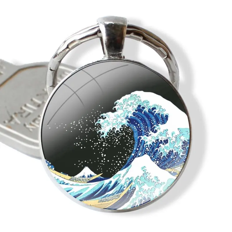 Keychain Handmade Glass Cabochon Key Ring Holder Pendant Key Chains Hokusai The Great Wave