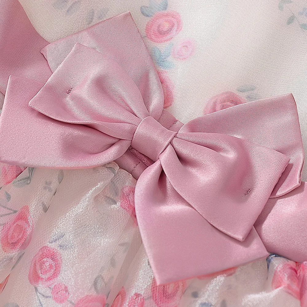 Cute Baby Girls Puff Sleeve Floral Bow Chiffon Princess Dress For Flower Kids Wedding Birthday Party Baptism Ceremony Prom Gown