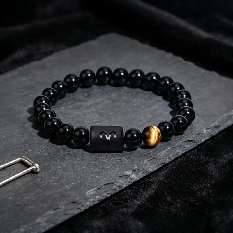 1PcsThis Men's Aries Zodiac Bracelet Features Natural Black Agate And Tiger's Eye Stones. Incorporating Zodiac Elements