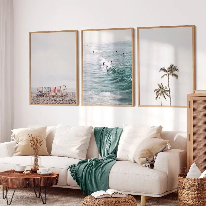Coastal Wall Art Set of 3, Beach Photography Prints, Ocean Waves Palm Tree Poster, Bedroom Living Room Decor Frameless Poster