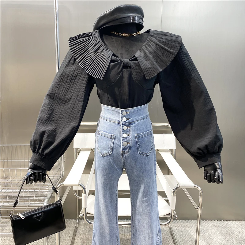 

New 2022 Pleated Large Lapel Bow Stitched Loose Shirt Lantern Sleeves Look Thin And Versatile Foreign Style Sweet Shirt