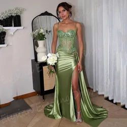 Graceful Green Women's Mermaid Evening Dresses Spaghetti Strap Customized Prom Gowns Charming Side Split Pleated فساتين سهرات