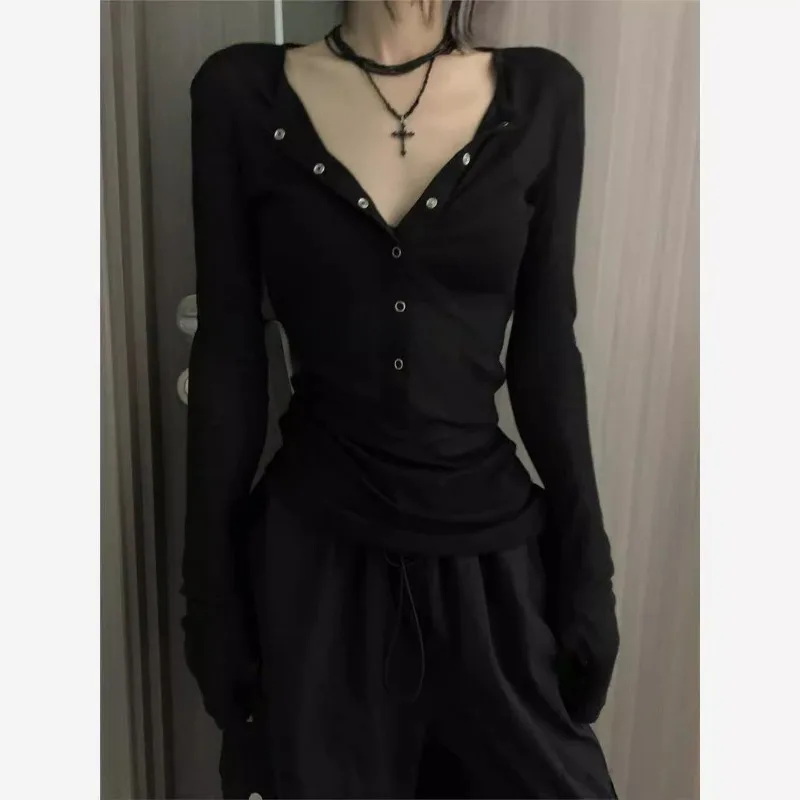 

HOUZHOU Korean Y2k Black T-shirts Women Gothic Sexy V-neck Long Sleeve T-shirts Gyaru Streetwear Aesthetic Button Up Tops Slim