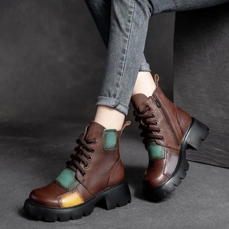 Autumn Winter Punk Goth Ankle Women Boots Mixed Colors Women Shoes Retro Genuine Leather Round Toe Sewing Handmade Platform Boot