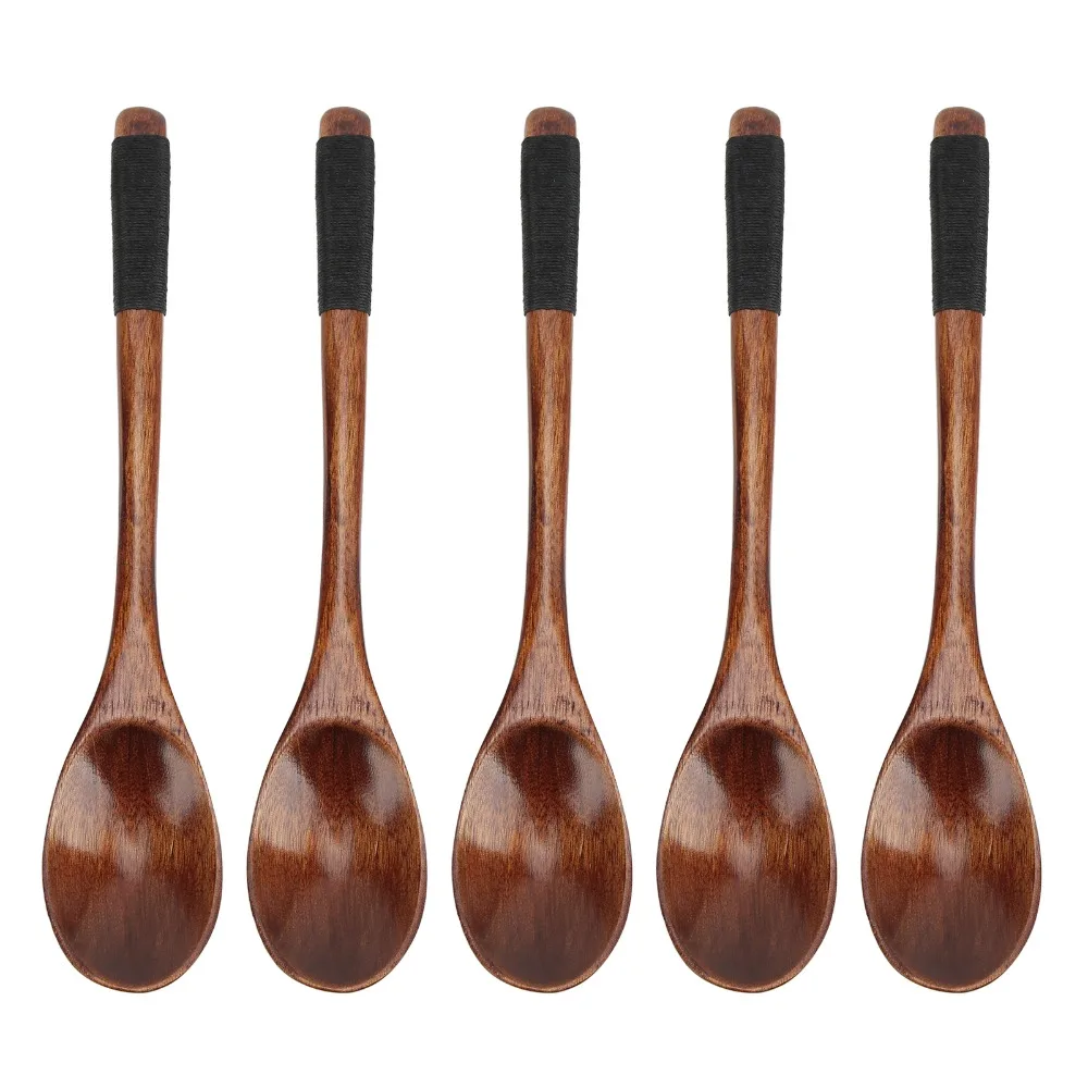 5pcs Cooking Spoons Wood Wooden Soup Spoons Lacquer Semicircle Wooden Spoon Set Smooth Finish Wood Mixing Spoon Travel Use