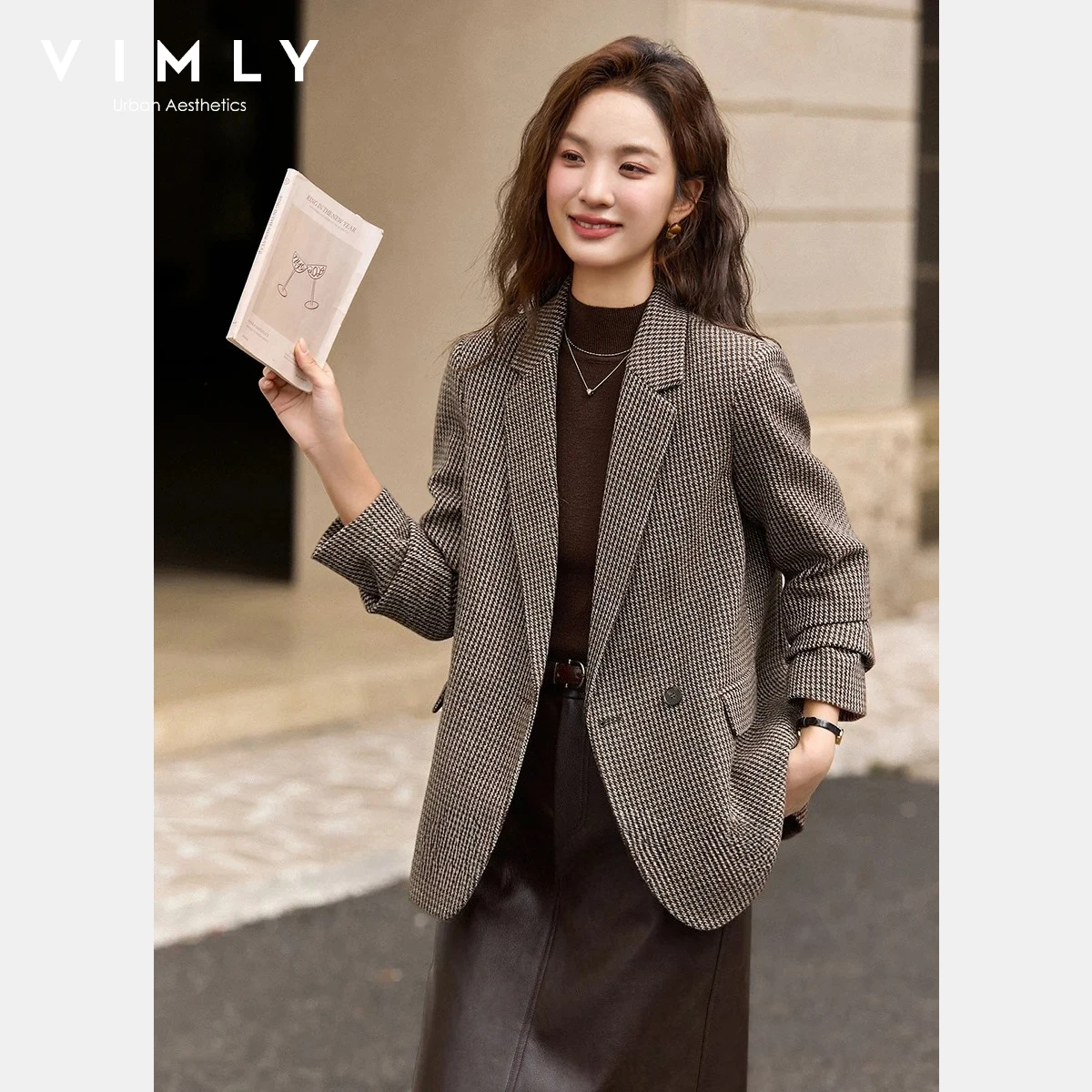 

VIMLY New Jacket for Women 2025 Winter Wool Blend Single Button Plaid Quilted Blazer Jackets Vintage Thick Women's Coat A2951