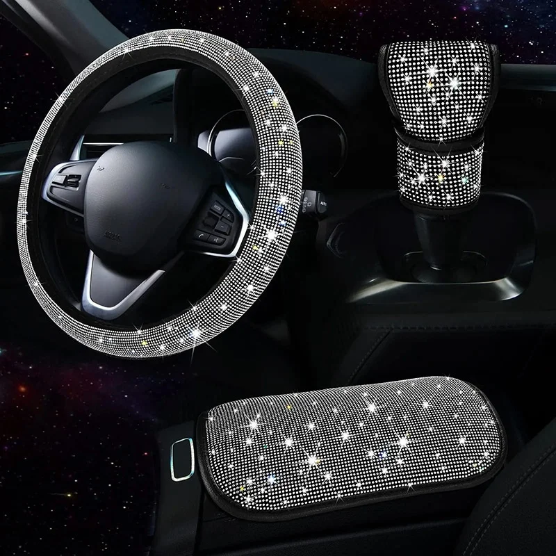 3Pcs Car Accessories Set for Women Steering Wheel Cover Gear Shift Cover Armrest Pad Mat Bling Auto Diamond Decortion Styling