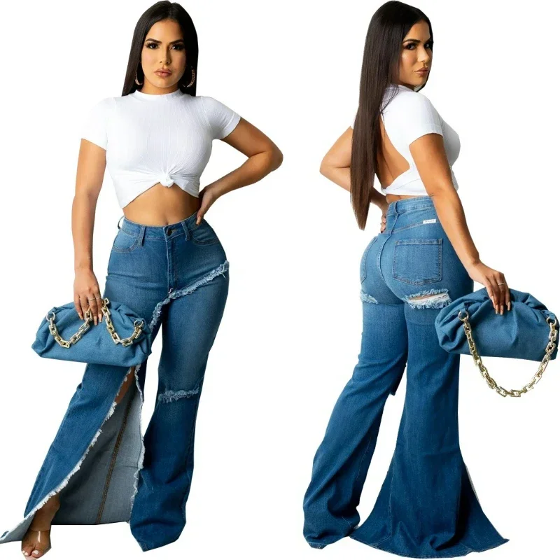 

Split Flare Pants Jeans Distressed Women High Waist Denim Pant Vintage Irregular Trousers Button Casual Basics 2025 Pockets