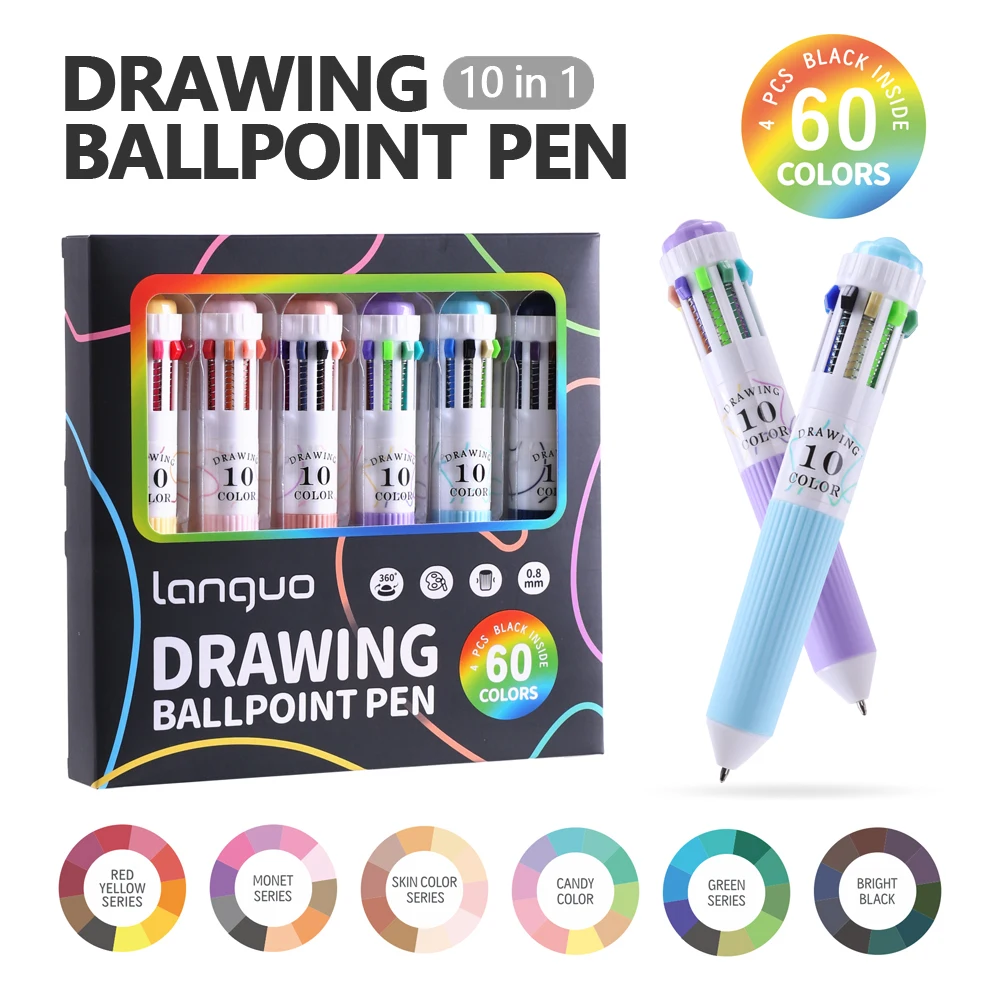 

6 Pcs/Box Creative 10-in-1 Drawing Ballpoint Pen Set 60 Colors Multi-Function 0.8mm Colored Pens for Painting & Study Marking