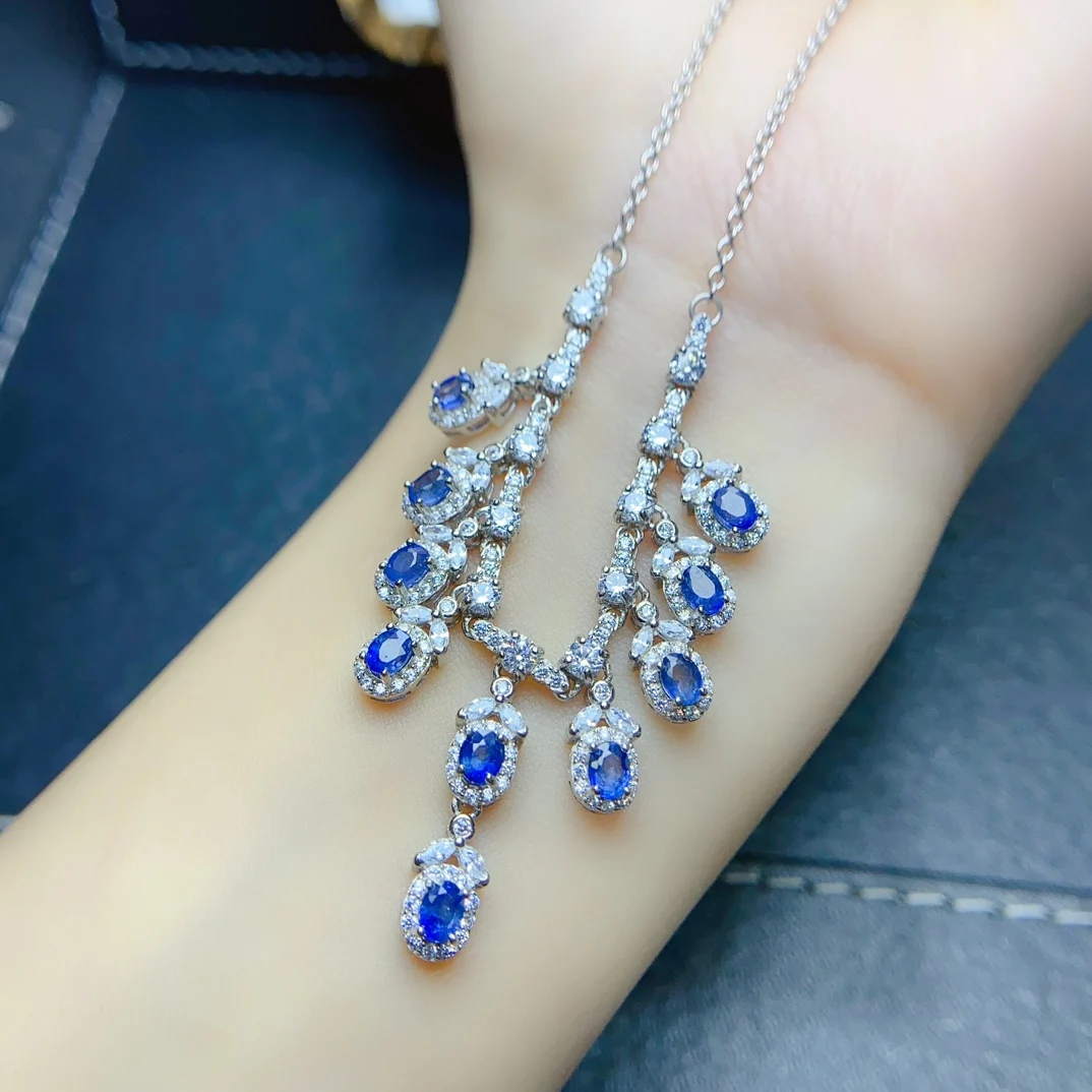 FS3*4Natural Sapphire Luxury Necklace S925 Pure Silver With Certificate Fine Fashion Charm Wedding Jewelry for Women MeiBaPJ New