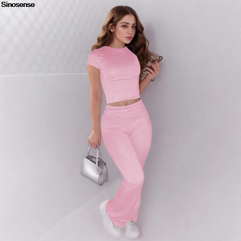 Women\'s 2 Piece Lounge Sets Short Sleeve Crop Top High Waist Foldover Flare Pants Tracksuit Sets Casual Workout Sports Outfits