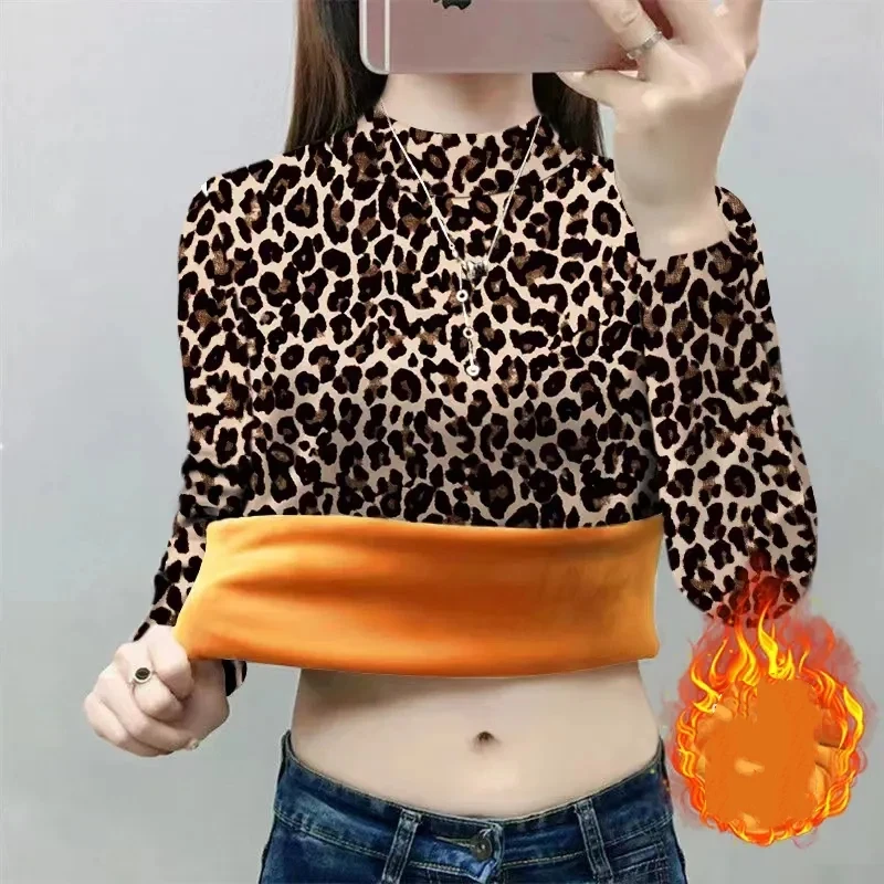 Women's Vintage Print Plush Lined High Neck T-Shirt Warm Base Layer Pullover Mid-Age Autumn Winter Tops Women Clothing