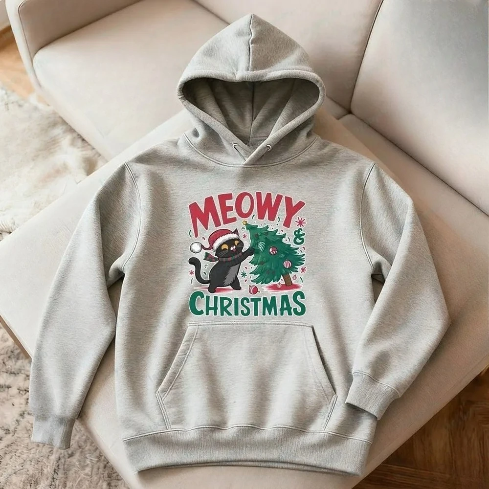 New Meowy Christmas Cat Sweatshirt Funny Cat Lover Christmas Clothing Xmas Women Men Casual Festive Holiday Hoodies Fashion Tops