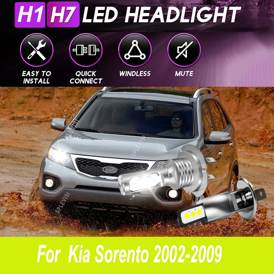 

H1 H7 Main Dip Headlight LED White Headlamp direct plug-in replacement For Kia Sorento 2002 2003 2004 2005 2006 2007 2008 2009