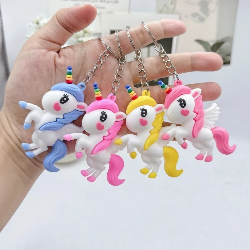 Kawaii Rainbow Unicorn Keyrings, Soft Rubber Winged Horse Pendants with Hearts, Colorful Keychain Accessory for Kids