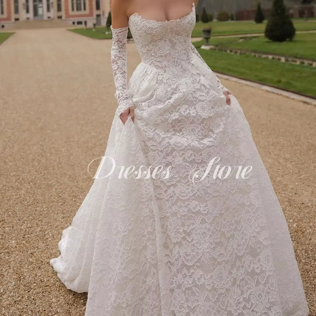 

MD New Exquisite A-line Wedding Dress Off Shoulder Lace Sweep Train Bridal Gown Detachable Sleeves Customized vestidos de novia