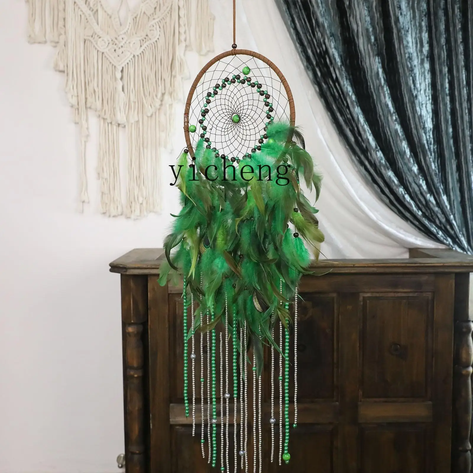 ZK Light Luxury Wind Chime Bedroom Dream Catcher Hanging Ornament Handmade Feather Air Hanging Decoration Rattan Weaving