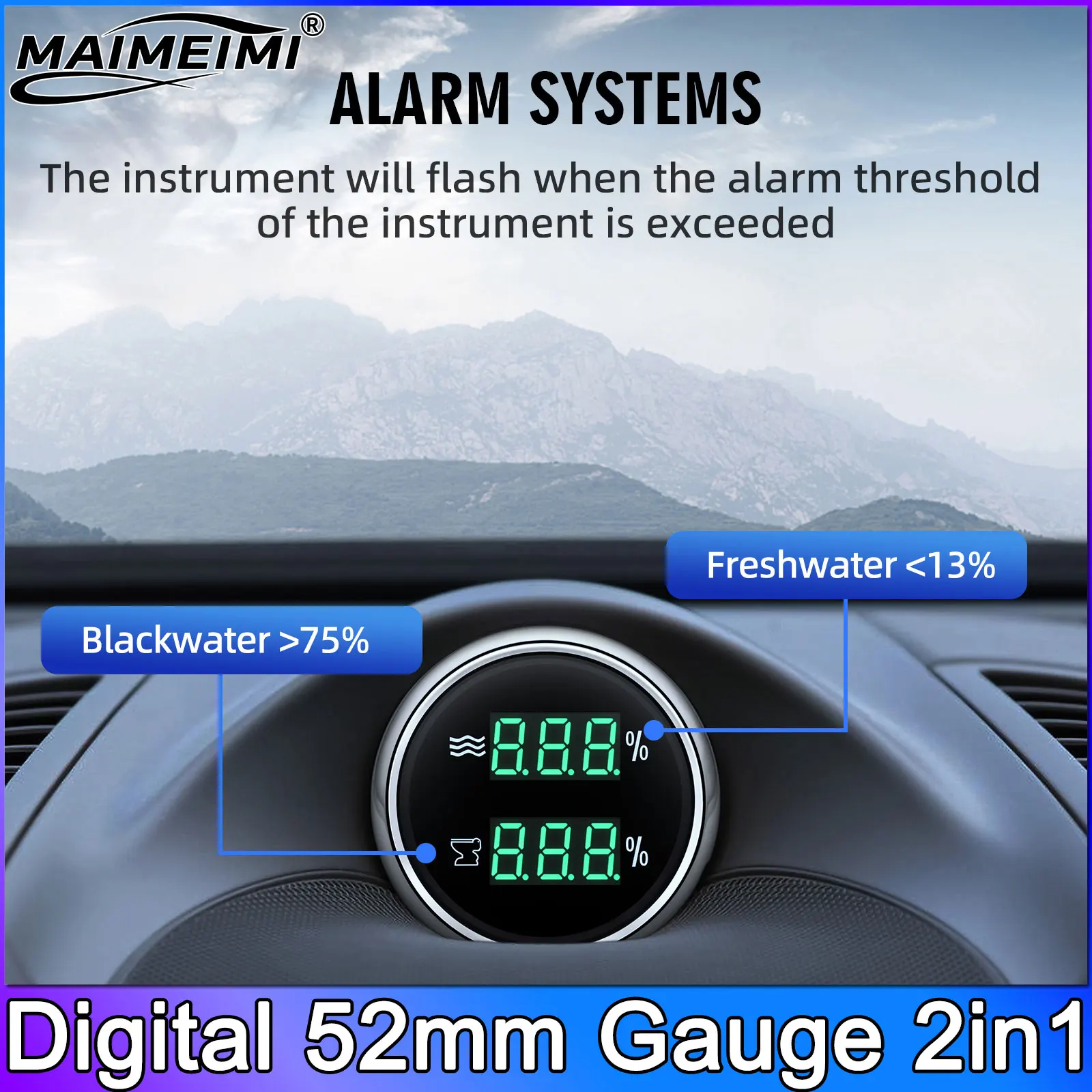 

Digital 52mm Gauge Water Level Gauge+Sewage Level Gauge 0-190 ohm with Alarm Dual Meter HTG for Car Boat Yacht 12V24V Green