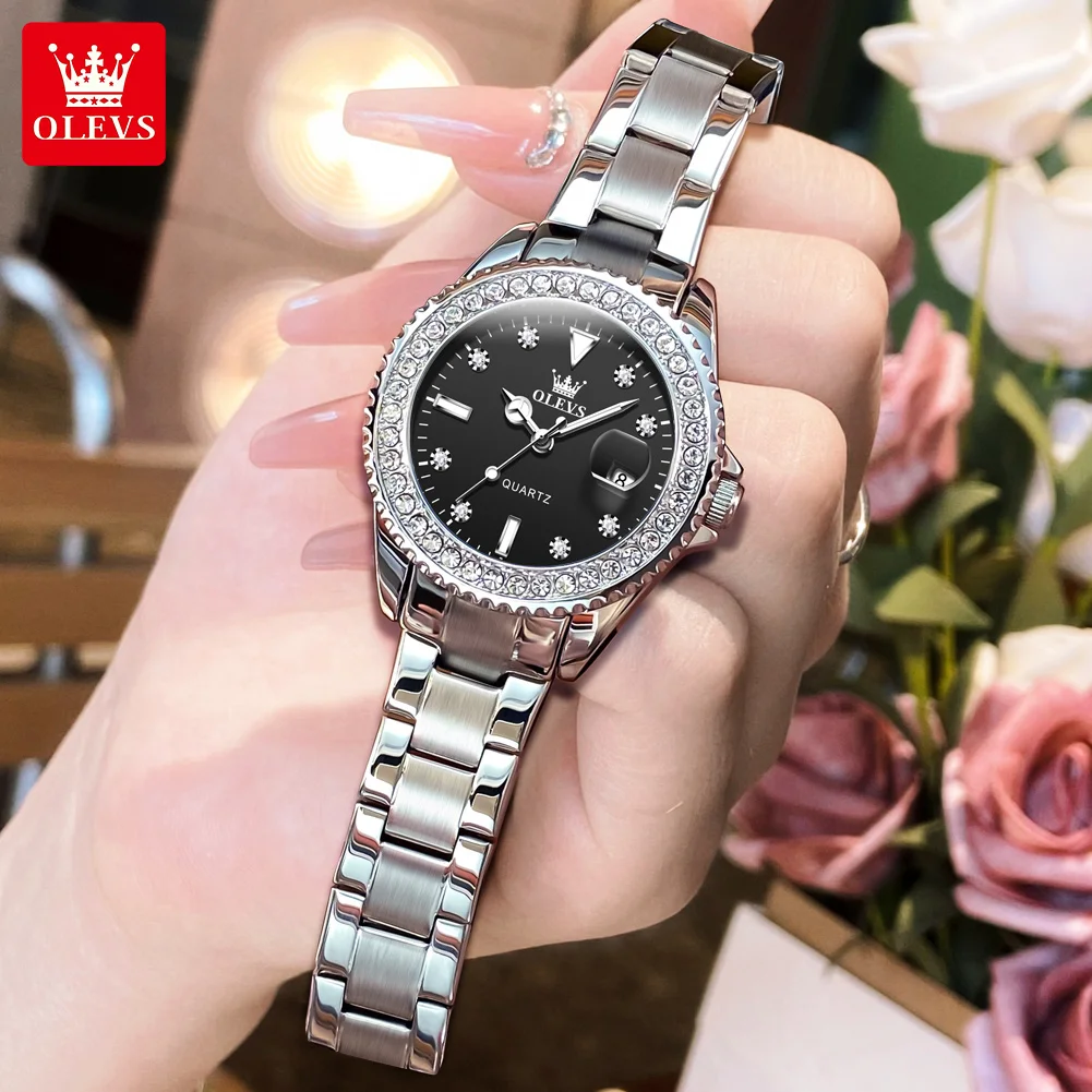 OLEVS Luxury Brand Quartz Watch for Women Steel Strap Waterproof Date Luminous Ladies Wristwatch Diamond Bezel Woman Watch 9945