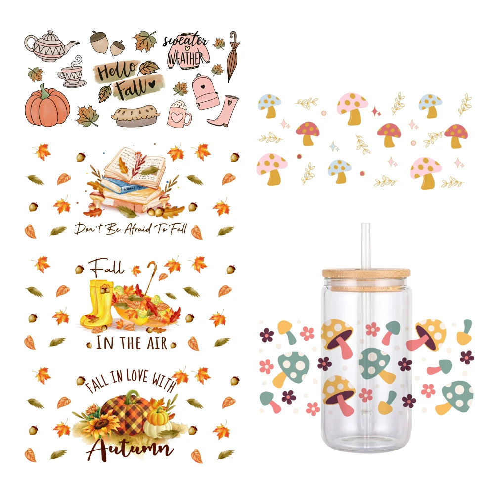 Maple Leaves Autumn Oranger Pattern UV DTF Transfer Sticker Waterproof Transfers Decals For 16oz Glass Cup Wrap Stickers