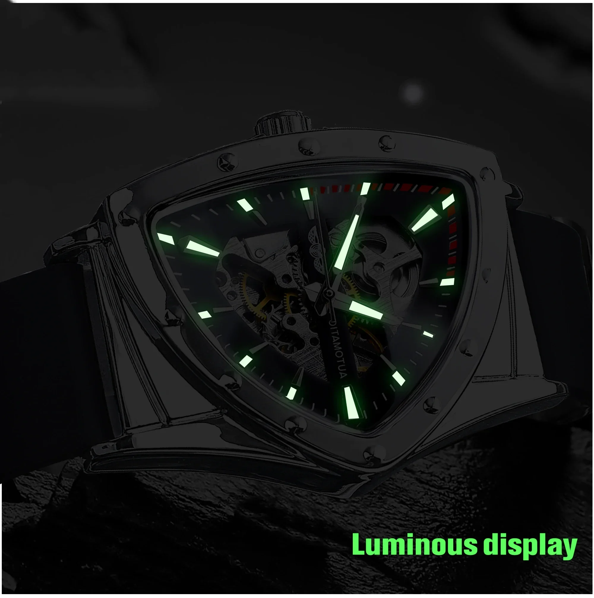 T-WINNER Casual Sport Men's Watches Skeleton Automatical Mechanical Triangle Silicone Strap Hollow Wristwatch Racing Gifts Clock