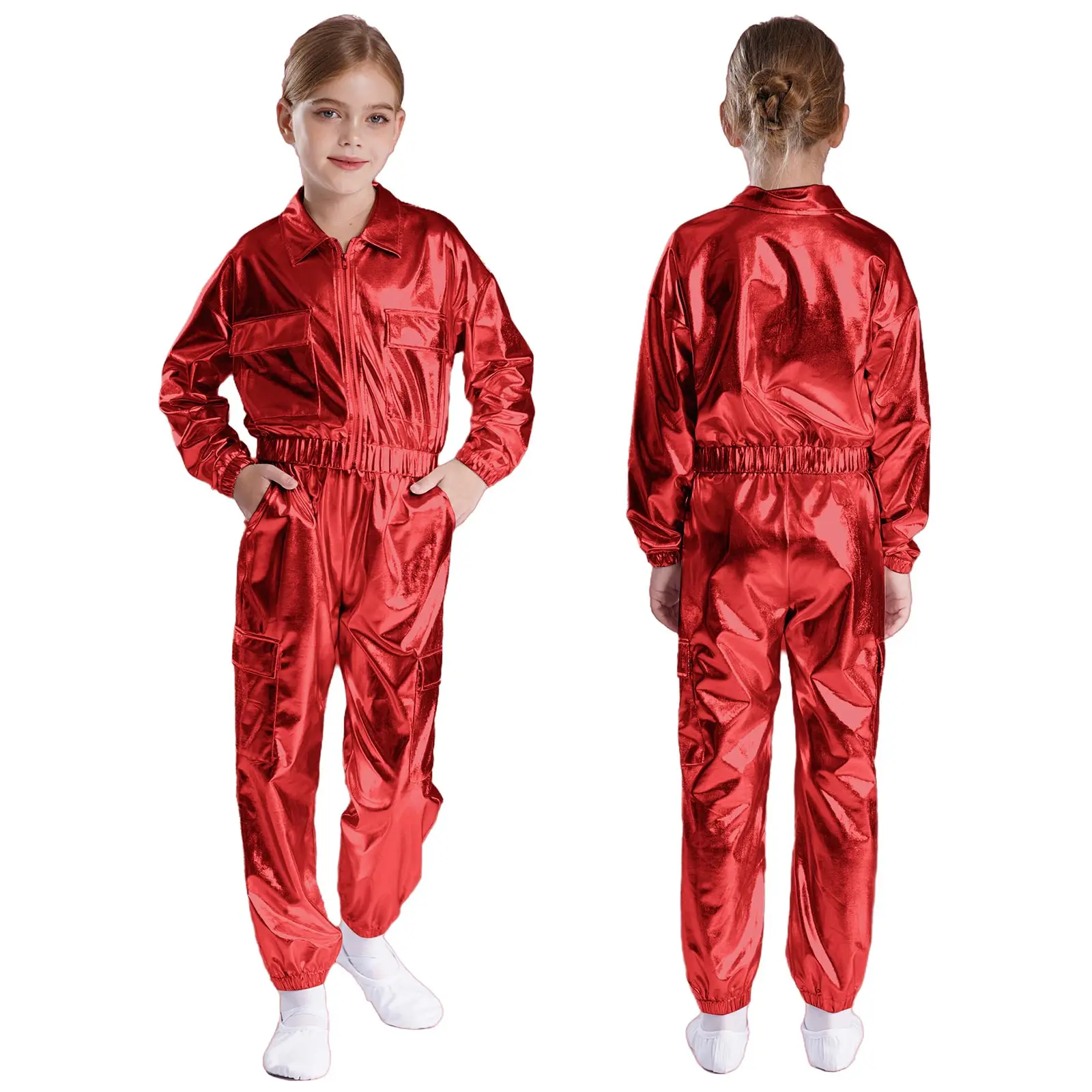 Kinder Jungen Mädchen Jazz Hip-Hop Street Dance Performance Kostüm Metallisch glänzend Langarm Sportjacke Mantel mit Hosen Outfits – Detail 26