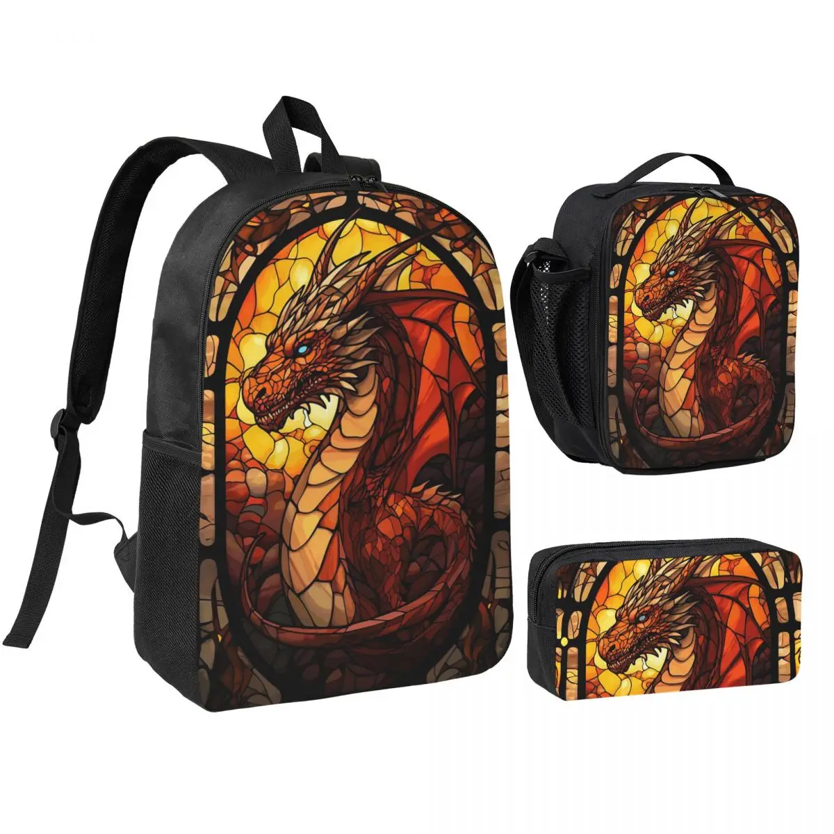 Vibrant Dragon Glass Art Backpack Student BookBag School Bag Shoulder Bags 3ps Insulated Lunch Bag Pencil Case