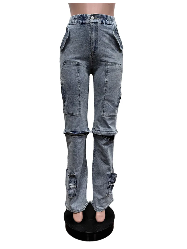 Benuynffy nuova tuta di Jeans per le donne Streetwear cerniera Patchwork pantaloni Cargo Multi-tasca elastico in vita Jeans gamba dritta