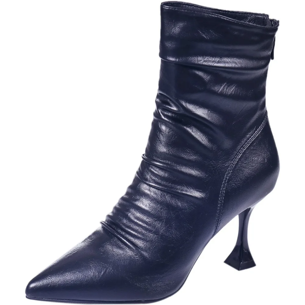 

Women High Heel Short Leather Boots New Boots Female Pointed Thin Heel Boots Ladies Ankle Short Boots Botas De Mujer 2025